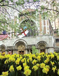 Church_exterior-flowers - church in spring with flowers